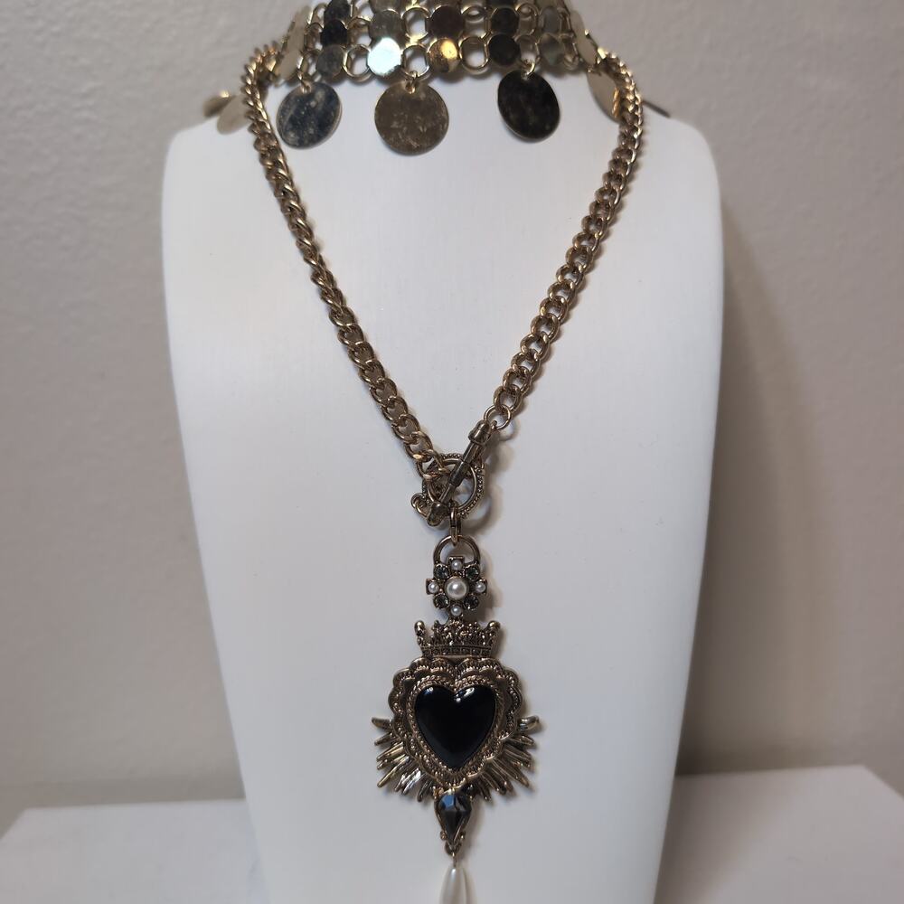 Gold-Tone Sacred Heart Pendant and Disc Choker Necklace Set